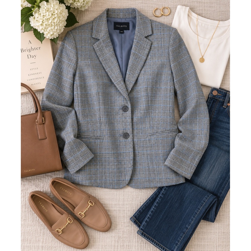Talbots Plus Womens 16W Grey Blue Glen Plaid 2-Button Blazer Jacket Stretch